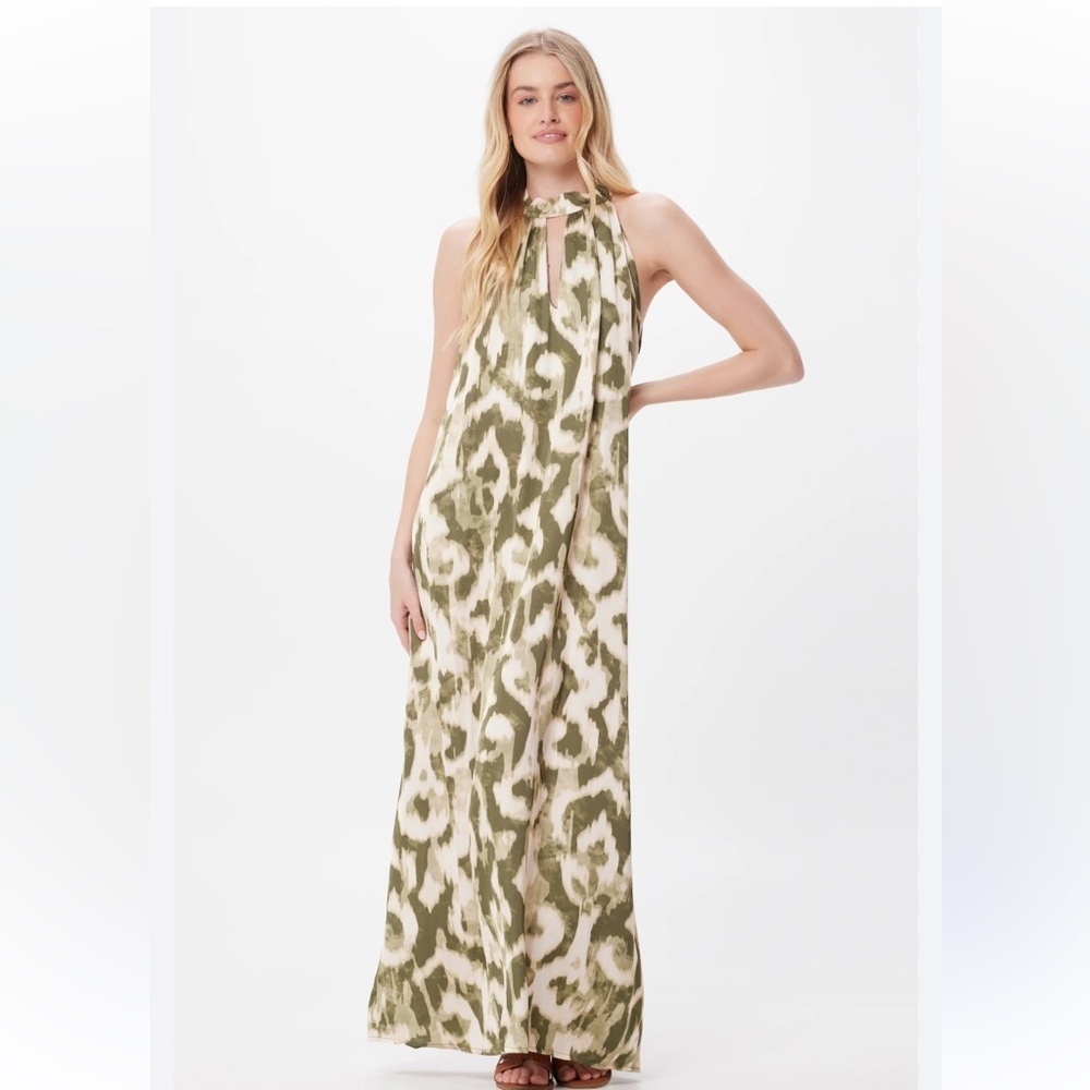 Suzy D London Genever satin Halter Maxi Dress Green Cream Ikat Print tie neck L